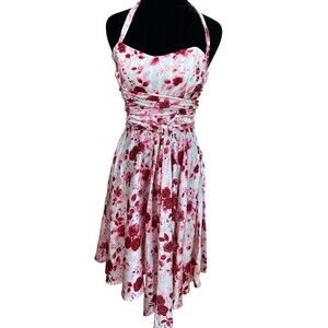 Vtg Betsey Johnson Silk Halter Dress Size 4 Pink Red‎ Floral Y2K Fit & Flare USA
